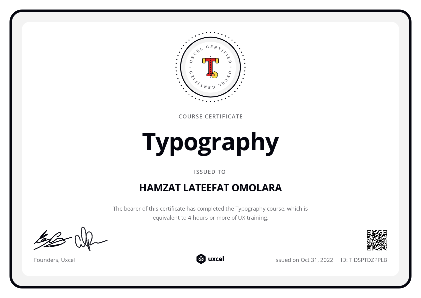 HAMZAT LATEEFAT OMOLARA's certificate